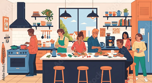A vibrant family gathers in a modern kitchen for a meal preparation and bonding experience