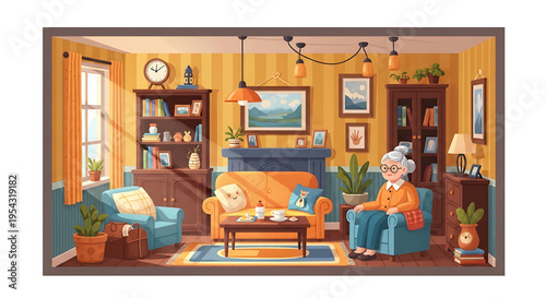 A warm and cozy living room scene with an elderly woman relaxing in a comfortable armchair
