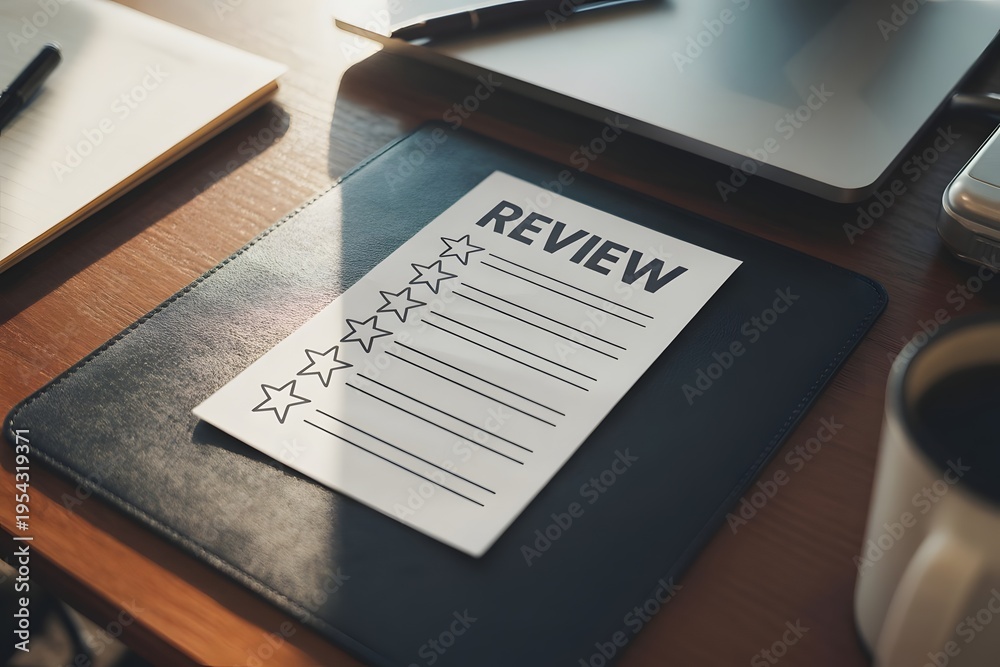 Obraz premium A review form on a desk with a laptop and coffee cup nearby for feedback