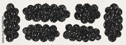 Hand-drawn Crayon Cute Clouds in Black Colors. Vector Doodle Shapes with Chalk Texture. Pencil Bubble Frames and Borders in Kids Style for for Photos, Labels, Stickers, Scrapbook Designs.