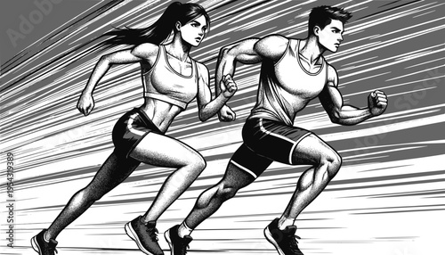 Running man and woman, isolated vector silhouettes. Run, side view. Silhouettes of athletic looking male and female runners running. Transparent background SVG version.