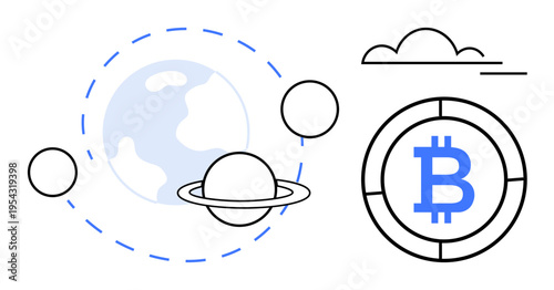 Cryptocurrency, blockchain technology, digital finance, global economy, futuristic economy, decentralized systems. Earth and planets with Bitcoin symbol. Cryptocurrency and blockchain technology