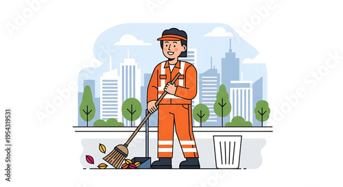 A cartoon janitor in an orange uniform cleaning the city street with a broom and trash can