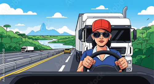 A truck driver navigates a scenic highway in a cartoon style vector graphic