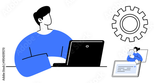 Technology concept. Digital tools thumbs up laptops and gears productivity and innovation. Technology boosts efficiency in remote work, education, app development, and teamwork