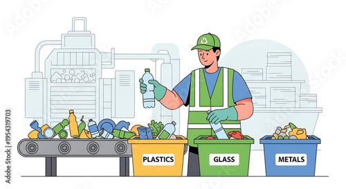 A recycling worker sorts materials at a facility with a conveyor belt and labeled bins for plastics, glass, and metals.