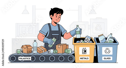 A cartoon man sorting recyclable materials on a conveyor belt in a recycling facility