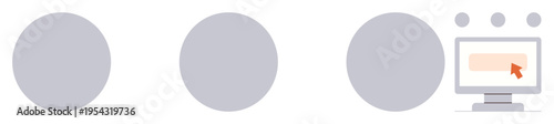 Process management, user interface design, interactive workflows, digital navigation, action steps, online task flow. Three circular elements leading to screen interaction with a cursor. User