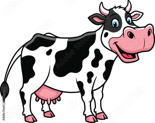 Cute Cartoon Cow Character Illustration, Happy Smiling Dairy Farm Animal, Spotted Milk Cow Vector for Kids, Rural Agriculture Mascot Design