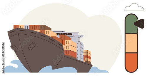 Shipping logistics, carbon footprint, global trade, environmental sustainability, freight transport, industrial emissions. A cargo ship loaded with containers and a carbon emission gauge. Shipping