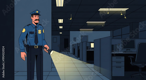 A cartoon police officer shines a flashlight in a dark office at night