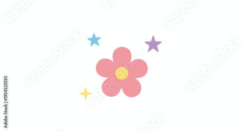 Cute Pink Flower and Pastel Stars Illustration Isolated on White Background
