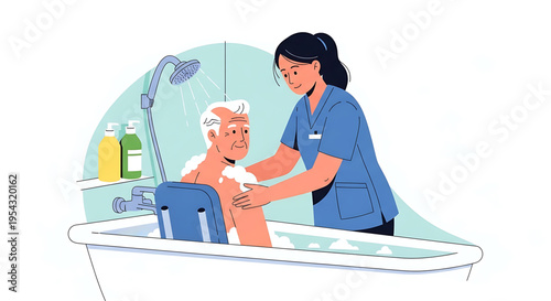 A caregiver assisting an elderly person in a bathtub with a shower head and bath products