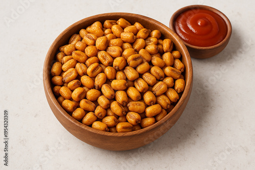 Roasted corn nuts with sauce in wooden bowl on white stone table stock photo 
