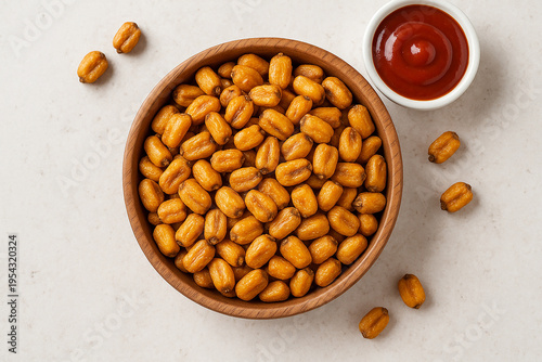 Roasted corn nuts with sauce in wooden bowl on white stone table stock photo 