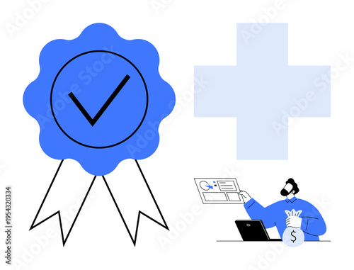 Digital certification, financial planning, online services, healthcare, digital marketing, e-commerce. Blue ribbon with checkmark, medical cross and person with laptop and money bag. Financial