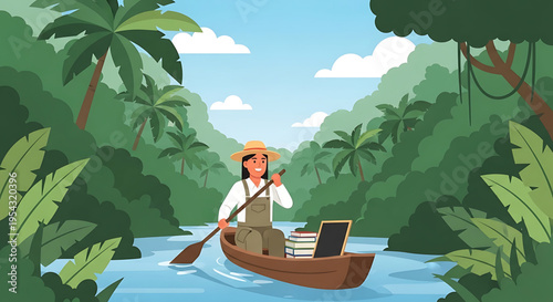 A man rows a boat through a lush jungle river with books and a laptop on board