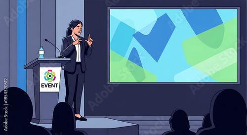 A confident businesswoman giving a presentation to an audience in a modern conference room with a large screen display.