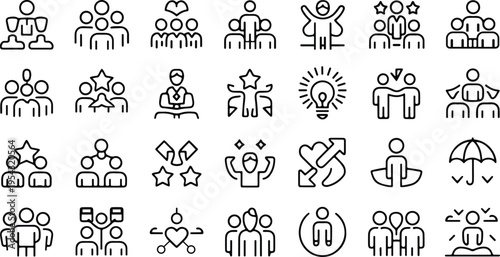 People crowd and group icons set. Human resources, teamwork, office staff and employee outline symbols. Vector illustration