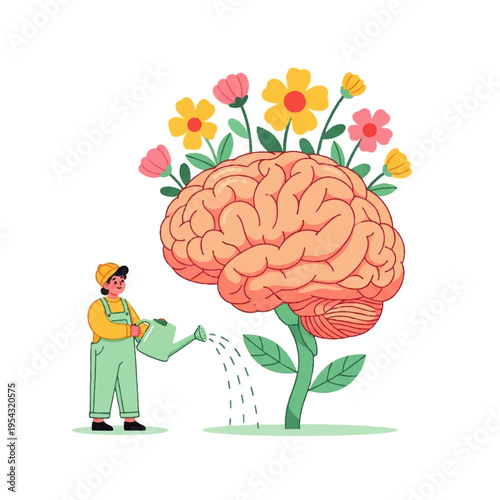 Gardener nurturing a blooming brain, symbolizing the growth of mental health and knowledge through care and development