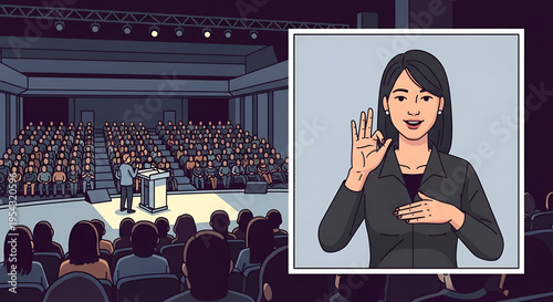 A diverse speaker presenting to a large audience with a sign language interpreter on screen
