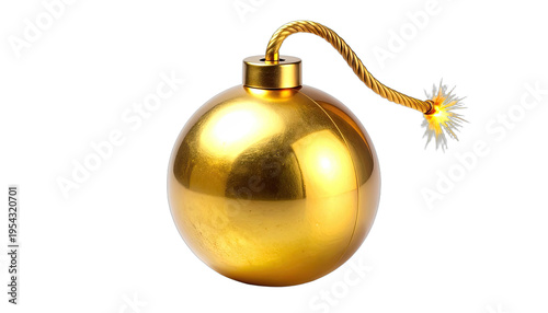 A highly polished golden bomb with a lit fuse rests against a black background.