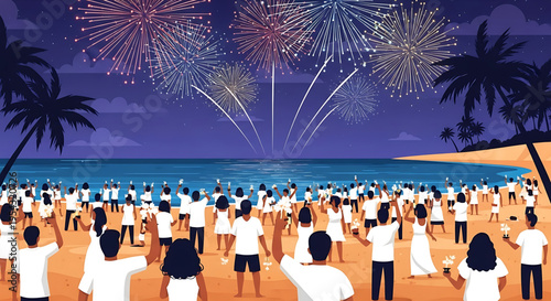 A large group of people gathered on a beach at night watching fireworks explode in the sky