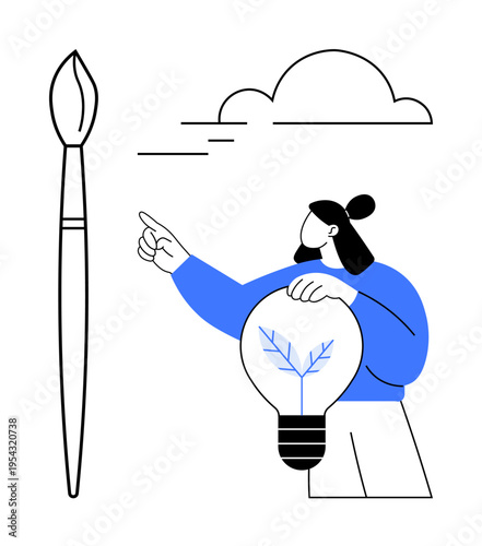 Creativity, innovation, art and design, problem-solving, sustainability, inspiration. Person holding a lightbulb with a leaf inside and pointing at a cloud. Creativity and innovation concept