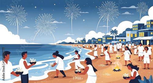 A vibrant beach scene at night with people releasing floating lanterns and celebrating with fireworks