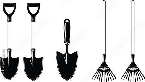Collection of gardening tools silhouettes including shovel, spade, hand trowel and rake, black vector garden equipment icons isolated on white background design