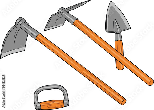 Hand drawn farming tools illustration set including hoe, pickaxe, shovel and sickle with wooden handles isolated on light background for agriculture concept design