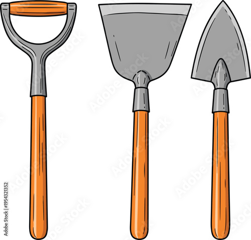 Hand drawn garden tools set illustration featuring shovel, trowel and scraper with wooden handles isolated on light background for gardening and farming concepts