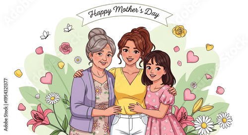 A heartwarming illustration of three generations of women celebrating Mother's Day with flowers and hearts