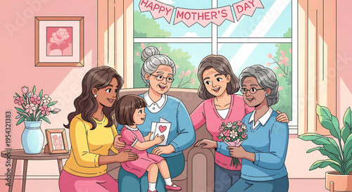 A heartwarming illustration of a multi-generational family celebrating Mother's Day together in a cozy living room with a beautiful window view.