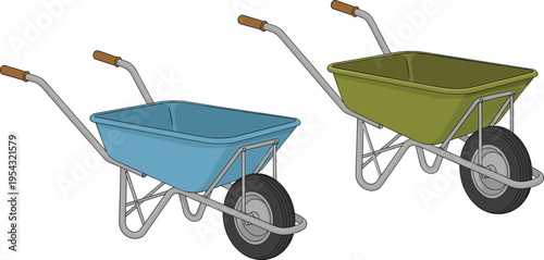 Set of colorful wheelbarrows with metal frames and rubber wheels, garden transport tools vector illustration isolated on white background for landscaping design