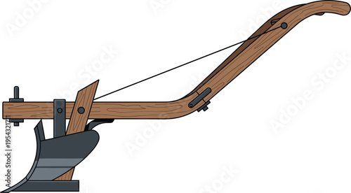 Traditional wooden plow with metal blade for soil cultivation, vintage agricultural hand tool vector illustration isolated on white background for farming design use
