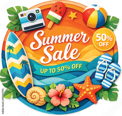 Vibrant Summer Sale vector illustration with beach elements, surfboard, camera, ice cream, and flip-flops