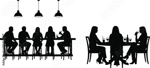 People silhouettes sitting at restaurant bar and round dining table, friends drinking wine under pendant lights, isolated vector illustration, nightlife