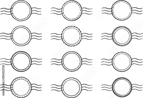 Set of 12 vintage blank circular postmark stamp vector icons with wavy lines for design elements