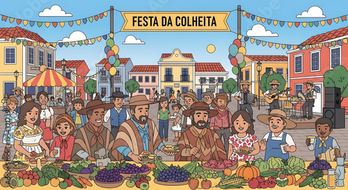 A vibrant illustration of a harvest festival celebration in a small town square with people and fresh produce.