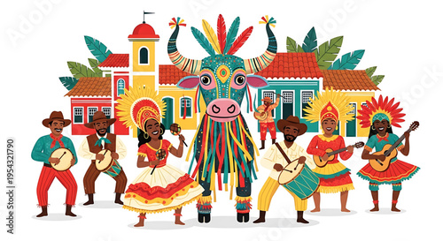 A vibrant illustration of a colorful festival with people dancing and playing music in front of a Latin American town