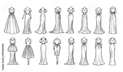 Hand-drawn fashion dress silhouette set with sketchy lines and illustration style vector