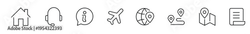 A set of eight different black line icons on a pure white background including a house, headset, information, airplane, globe, location, map, and document