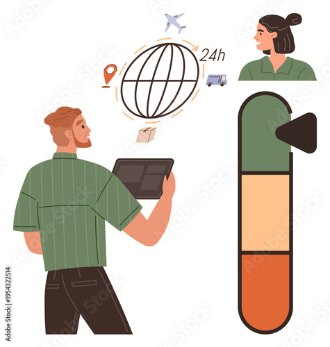 Logistics, global shipping, e-commerce, delivery services, customer support, efficiency tracking. A man holding a tablet facing logistics icons, a woman headshot and an efficiency meter. Logistics