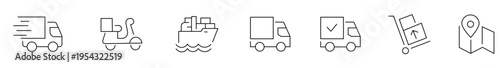 A set of various delivery and transportation icons including trucks, ship, and dollies for logistics and shipping concepts