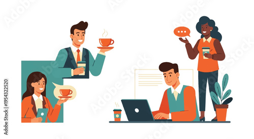 People interacting with coffee cups and laptop computer modern office illustration