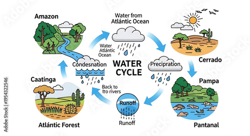 A colorful vector graphic illustrating the water cycle process in a simple and educational style