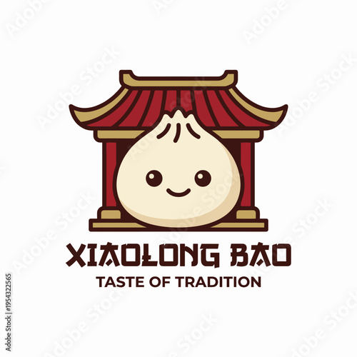 This delightful bao design features a smiling dumpling with traditional Chinese architectural elements, celebrating culture and culinary heritage, ideal for food branding.