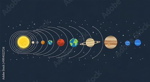 A colorful vector illustration of the solar system with planets orbiting the sun in a minimalist design