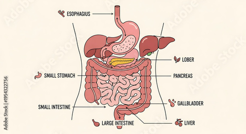 A detailed illustration of the human digestive system with labeled organs and parts